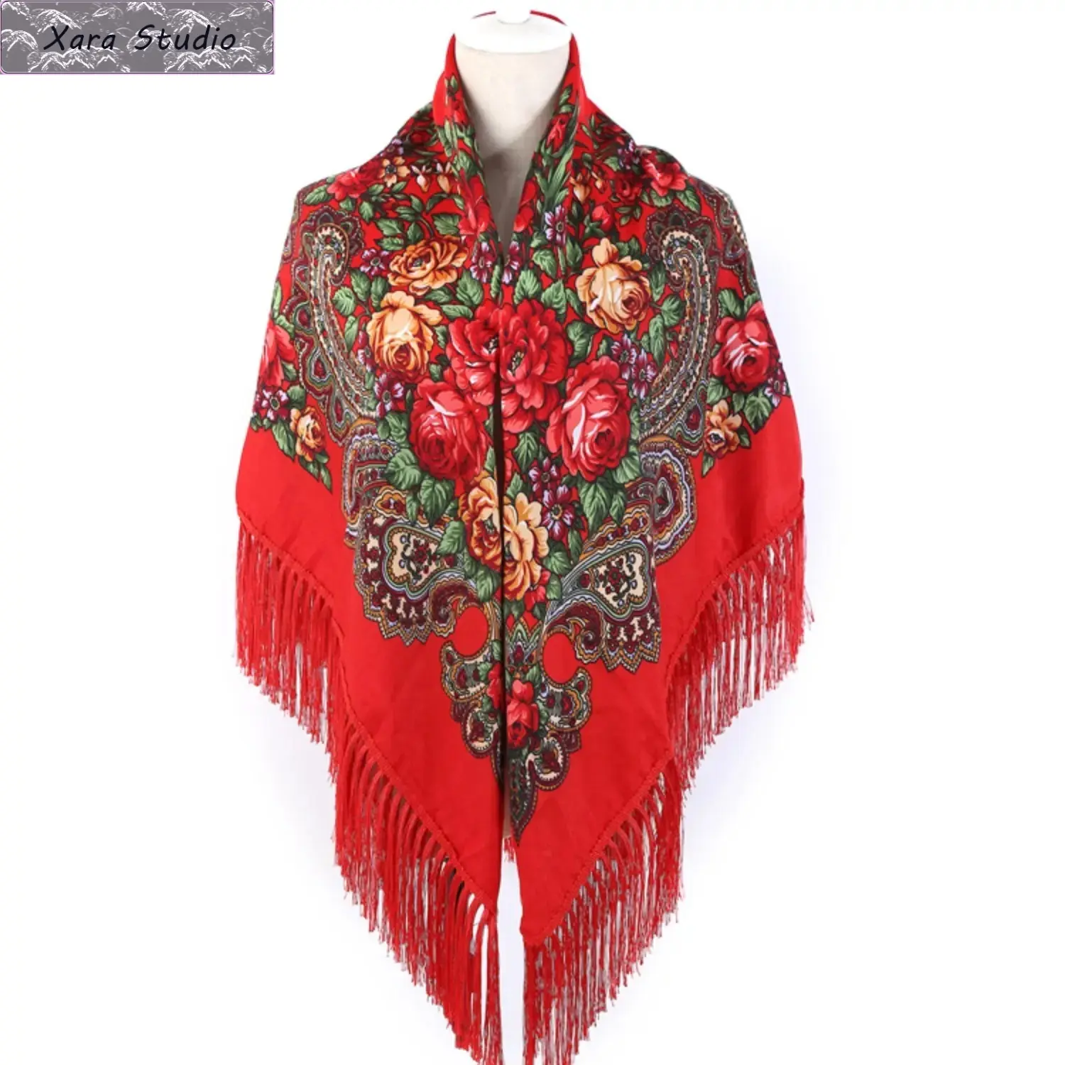 Female Russian Babushka Floral Square Scarf - Vintage Slavic Fringe Shawl Wrap, Traditional Folk Rose Design, Winter Fashion Accessory for Church, Gifting, Cultural Events