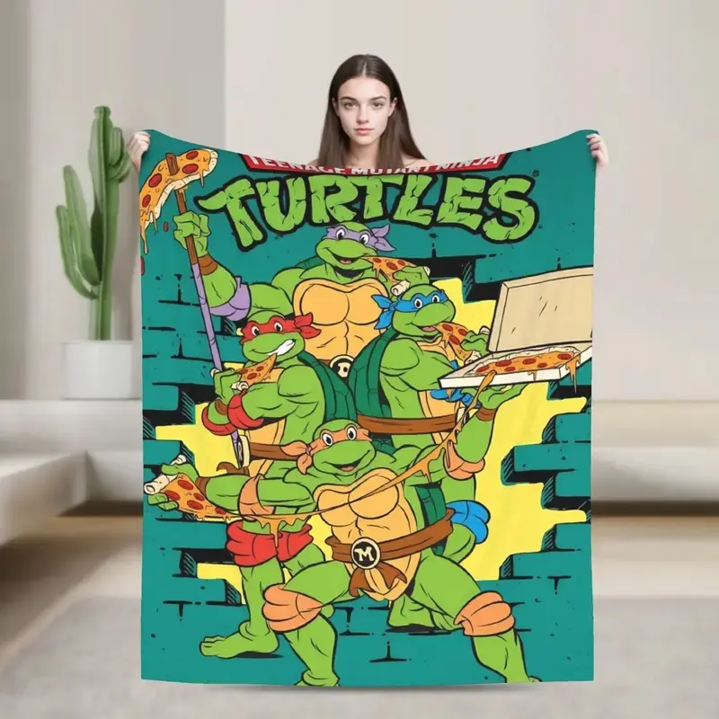 Teenage Mutant Ninja Turtles Classic Poster Flannel Throw Blanket Four Ninja Turtles Pizza Brick Wall Background Retro Cartoon Print Soft Fleece Blanket Teen Boy Kids Bedroom Decor Gift for TMNT Fans
