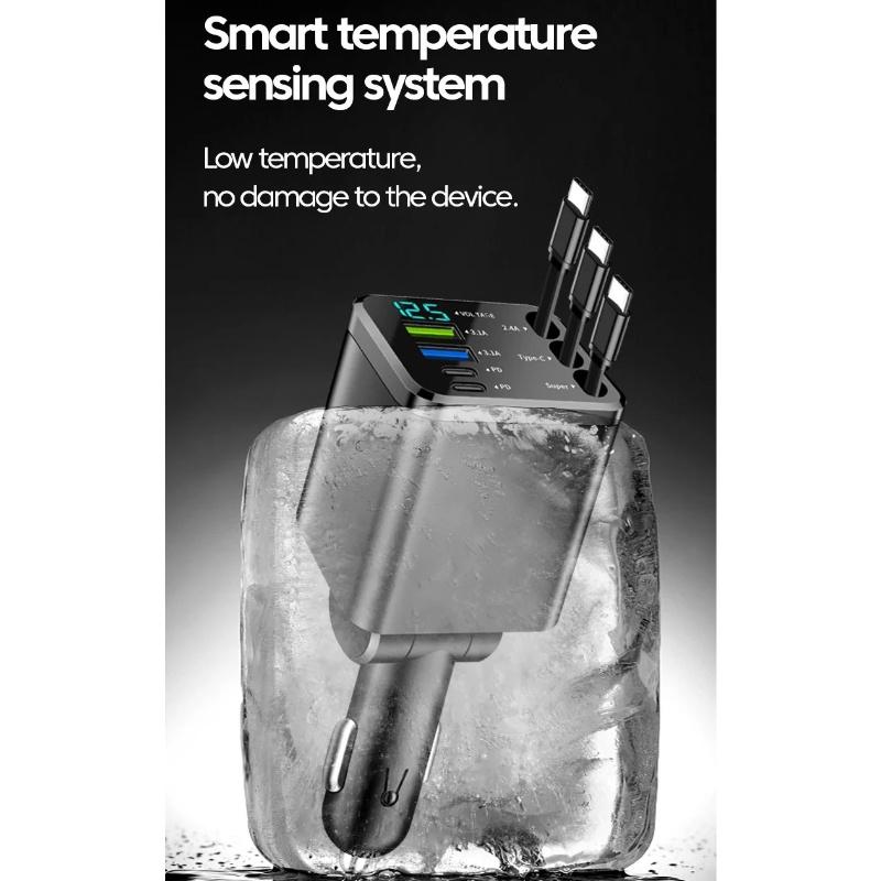 Retractable Car Charger 7 in 1 Fast Charging Car Charger Retractable Cable USB Type C Multi Ports Car Charger Adapter Compatible