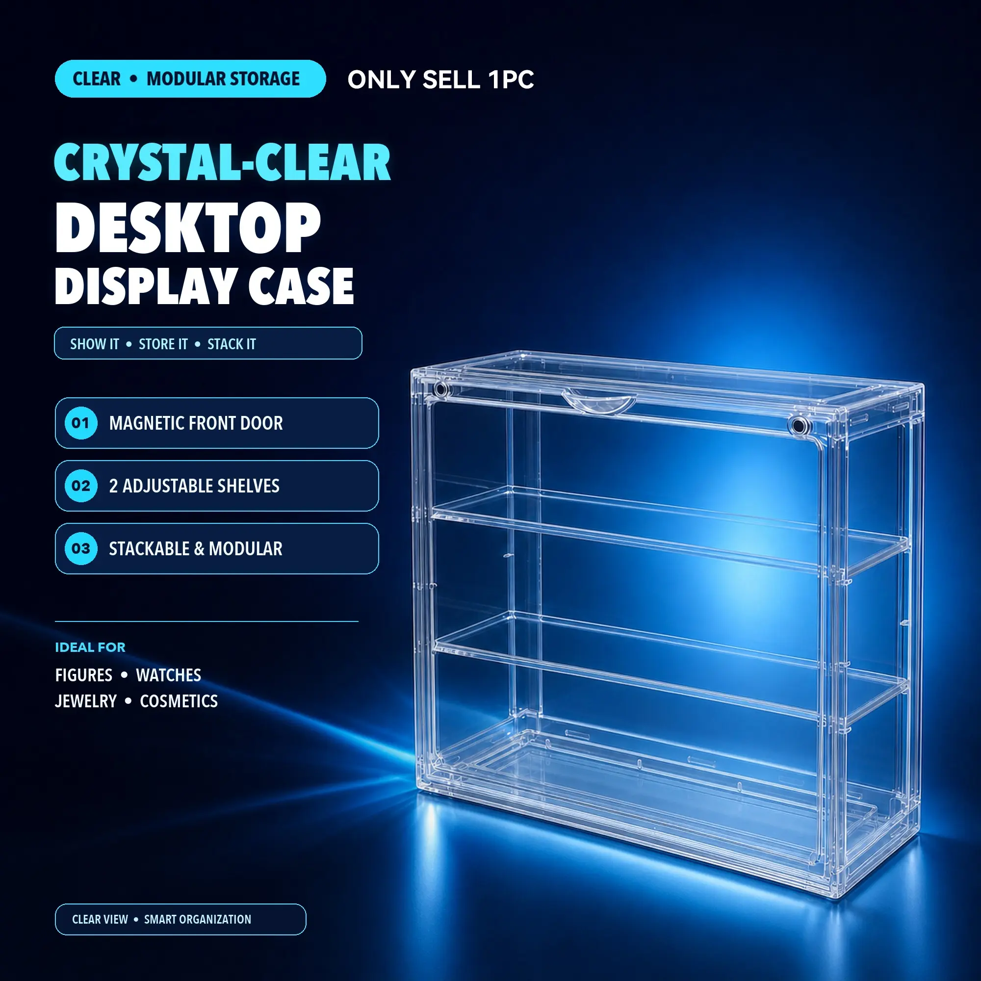 Ultra Slim Clear Figure Display Case with 2 Removable Shelves, Magnetic Door & Stackable Base Design, Transparent Storage Box for Collectibles, Figurines, Bobbleheads, Makeup and Accessories