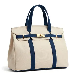 Cozy Color Block Canvas Bag For Daily Commute Hand Woven Medium Tote With Flap Closure Soft Shoulder Bag Navy Green Red Pink Off White