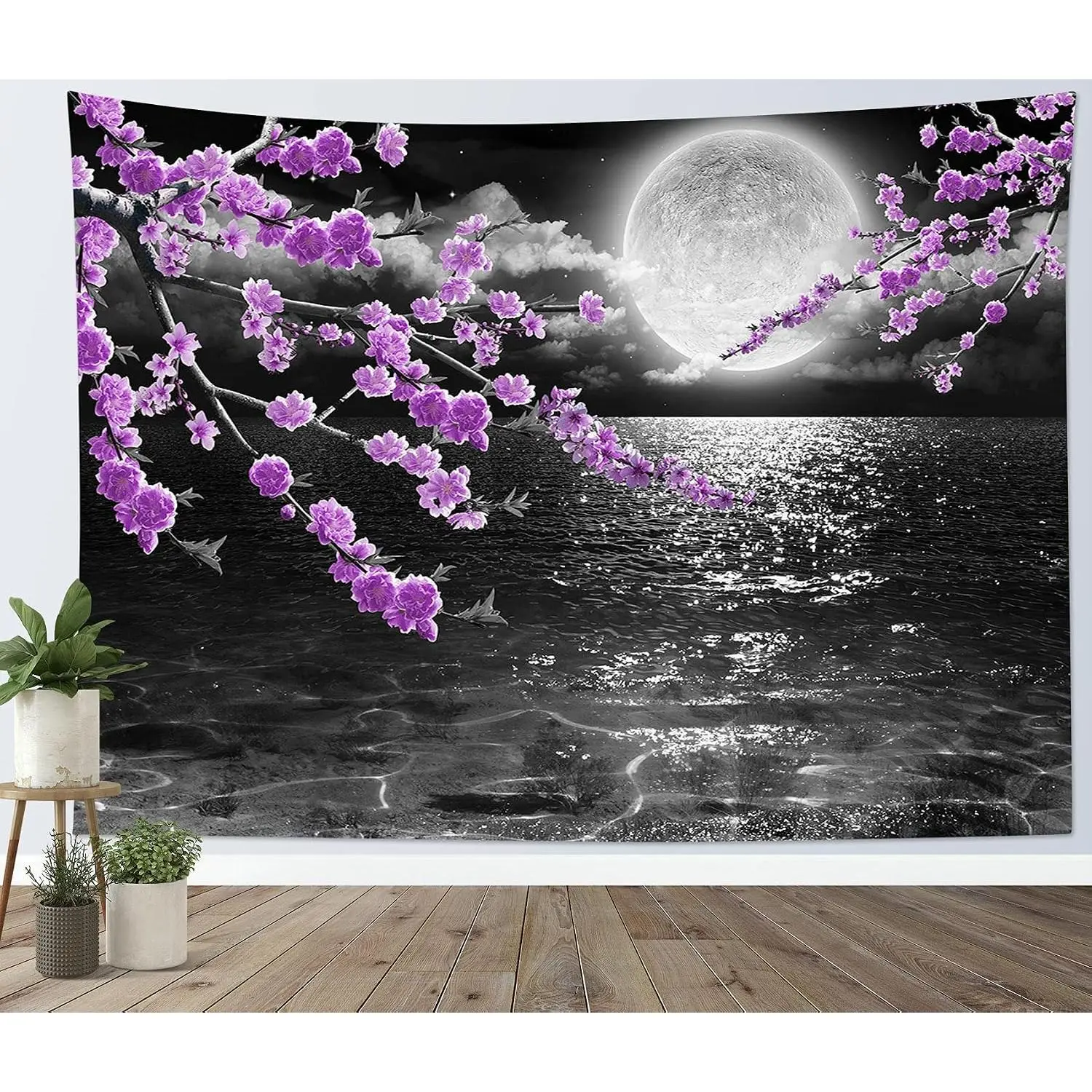 Polyester full moon seascape tapestry, purple, with Japanese cherry blossoms, a dreamy Asian landscape wall decoration, suitable for bedrooms, living rooms, dormitories, classrooms, and home décor.