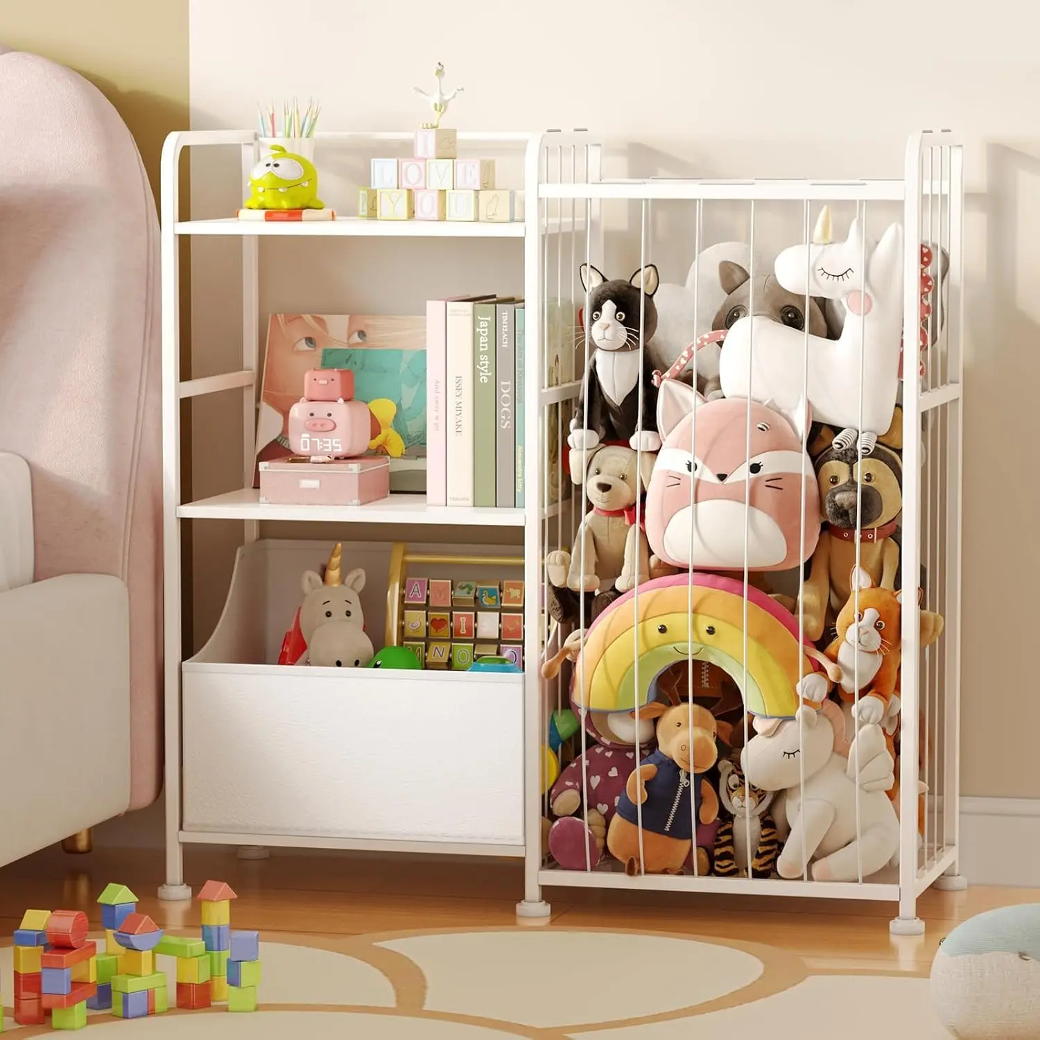 Kids Bookshelf and Toy Storage Organizer, Stuffed Animal Storage Holder with Fabric Toy Chest, 2-Tier Toddler Book Shelf for Kids Room, Playroom, Nursery, White