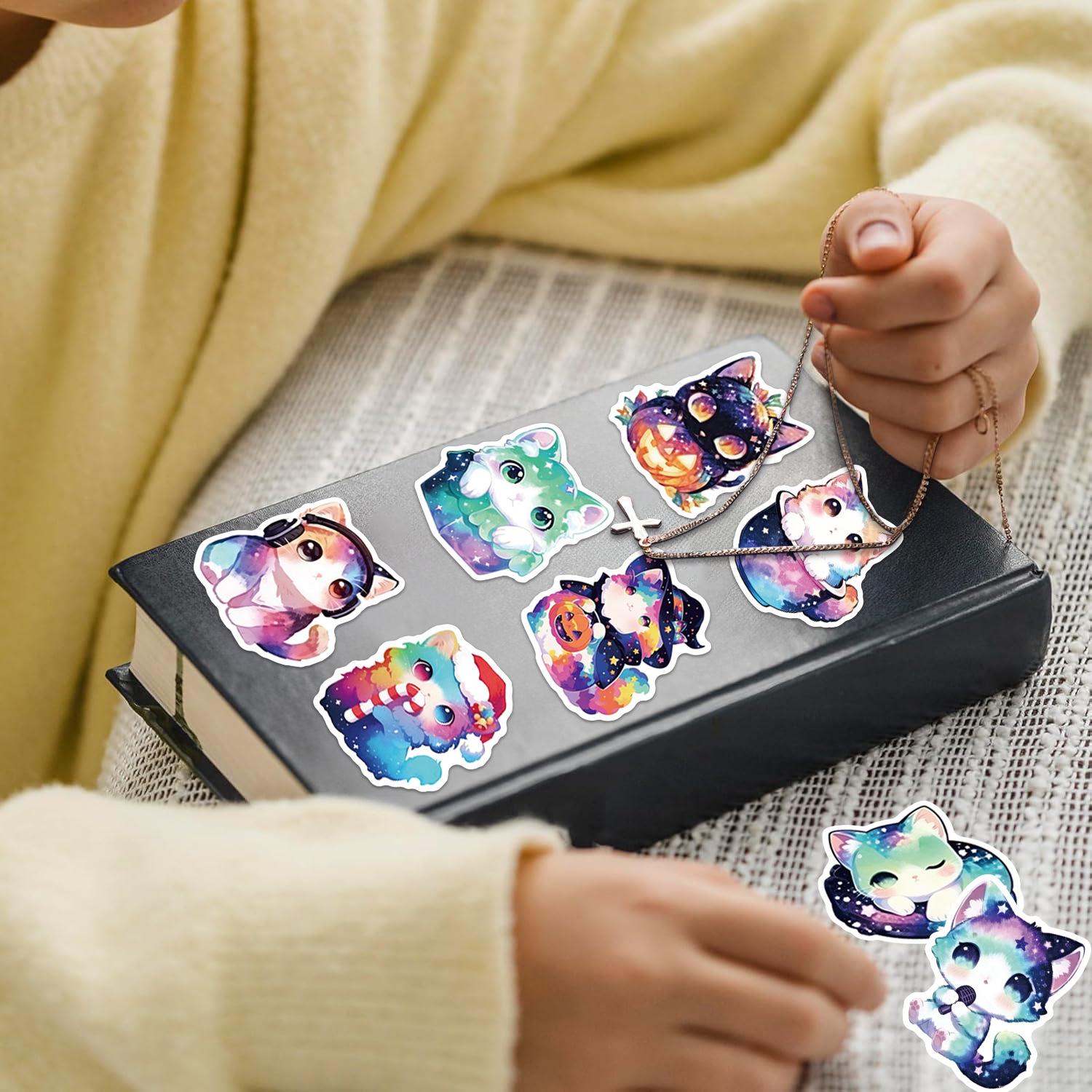 100 Pcs Galaxy Cat Stickers, Cute Starry Sky Cosmic Kitten Vinyl Decals for Water Bottle Laptop Scrapbook Journal, Gifts for Cat Lovers Kids  Taking my laptop to outer space with these aesthetic cosmic cat stickers!🚀🐾 100 pieces of pure magic!