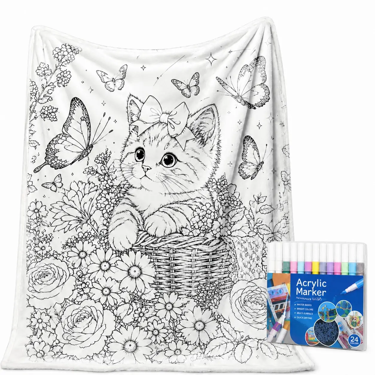 DIY Colorful Blanket Kit with 24 Fabric Markers, Soft Flannel Creative Craft Set, Fun Parent-Child Activity, Perfect Gift for Birthdays and Holidays