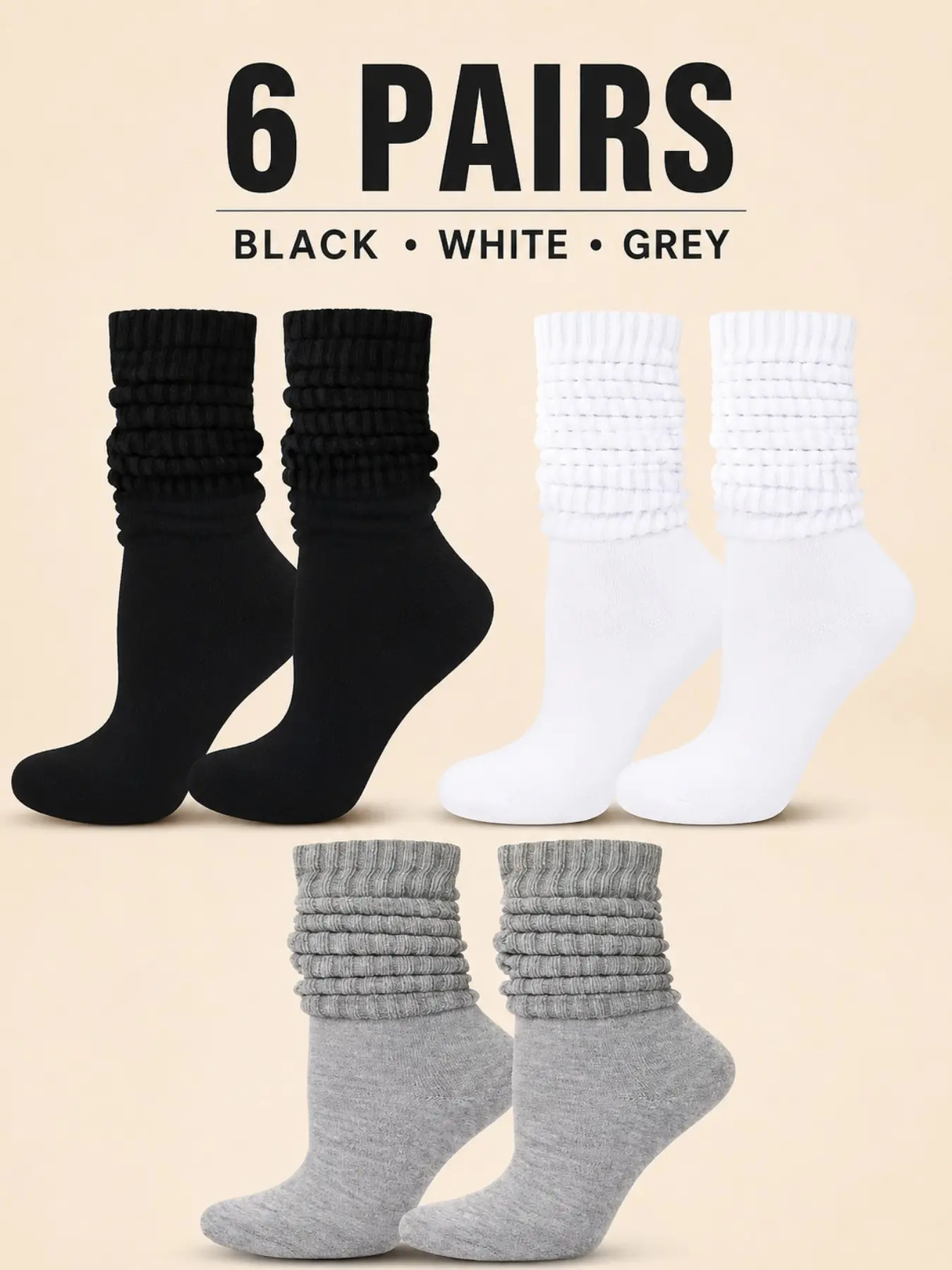 Women's Slouch Socks 6 Pairs Set, Black White Grey Crew Socks, Y2K Trendy Ruched Socks for Women, Casual Fashion Ankle Socks for Everyday Wear, All Season Socks, Streetwear Outfit Accessories