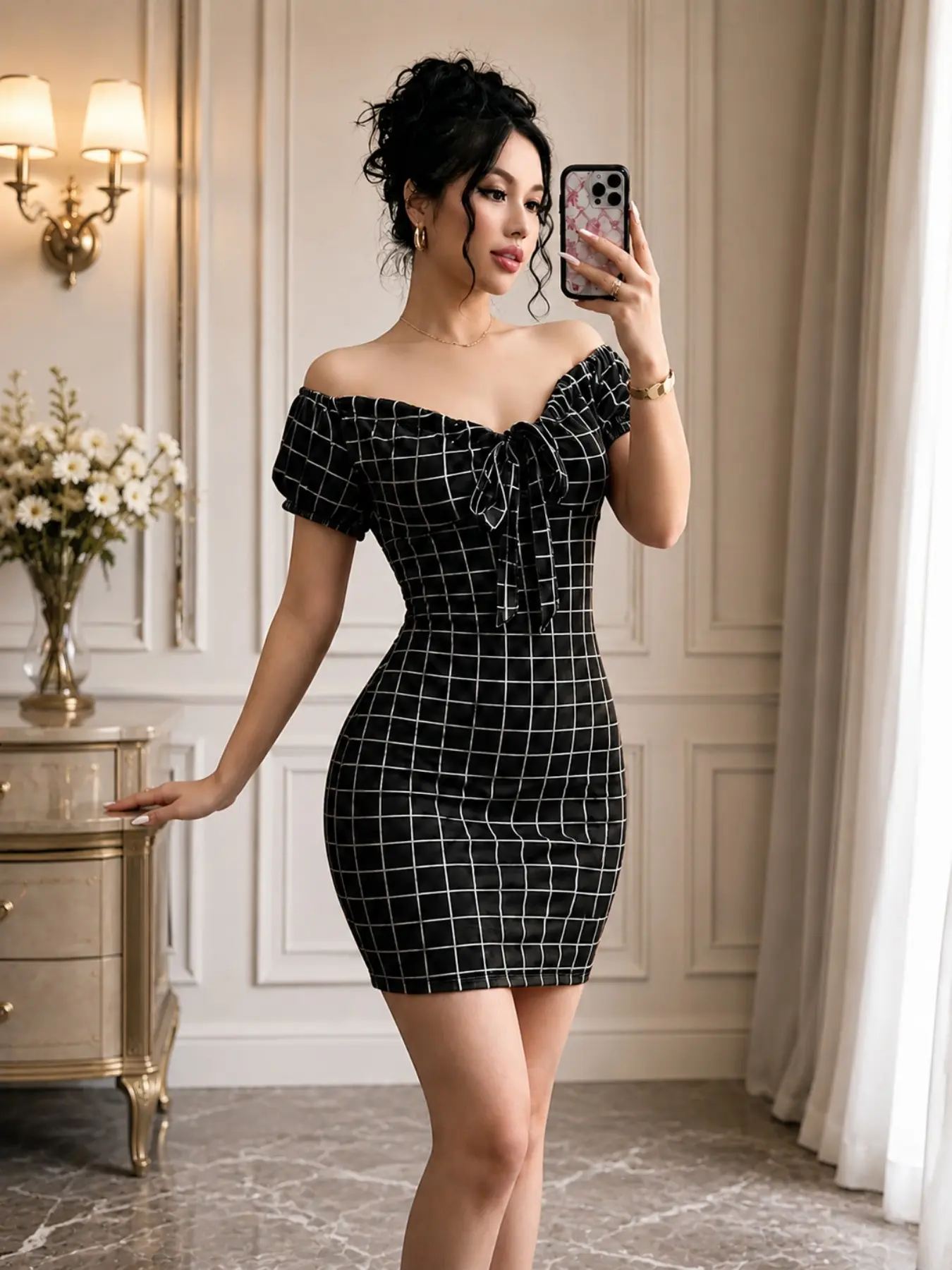 New Plaid Print Off-Shoulder Sexy Bodycon Short Dress for Women, Fashionable Ladies' Clothing, Trendy Evening Wear, Dresses for Party