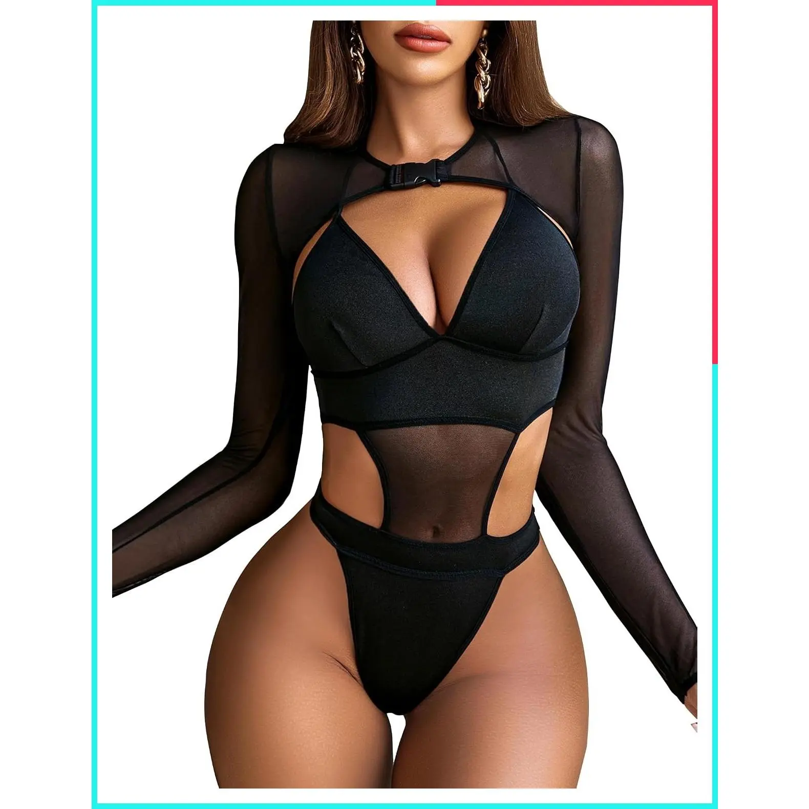 Rave Outfits Festival Sexy Lingerie Bodysuit Set – Buckle Shrug Crop Top & Halter Bodysuit with Snap Closure, Breathable Mesh, Ideal for Concerts and Club Nights