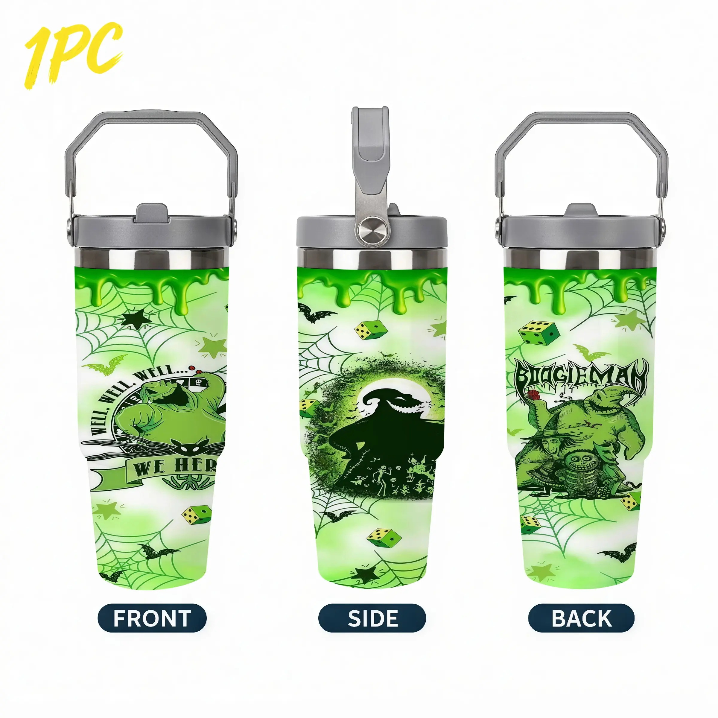 1pc 30oz 900ml 304 Stainless Steel Tumbler, Oogie Boogie Nightmare Before Christmas Full Wrap Print, Halloween Spooky Tumbler With Carry Handle Flip Lid