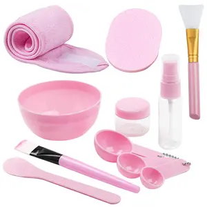 DIY Facemask Mixing Tool Set, DIY Facial Tool Mixing Bowl Silicone Brushes Stick Spatula Spray Bottle Adjustable Headband-Pink