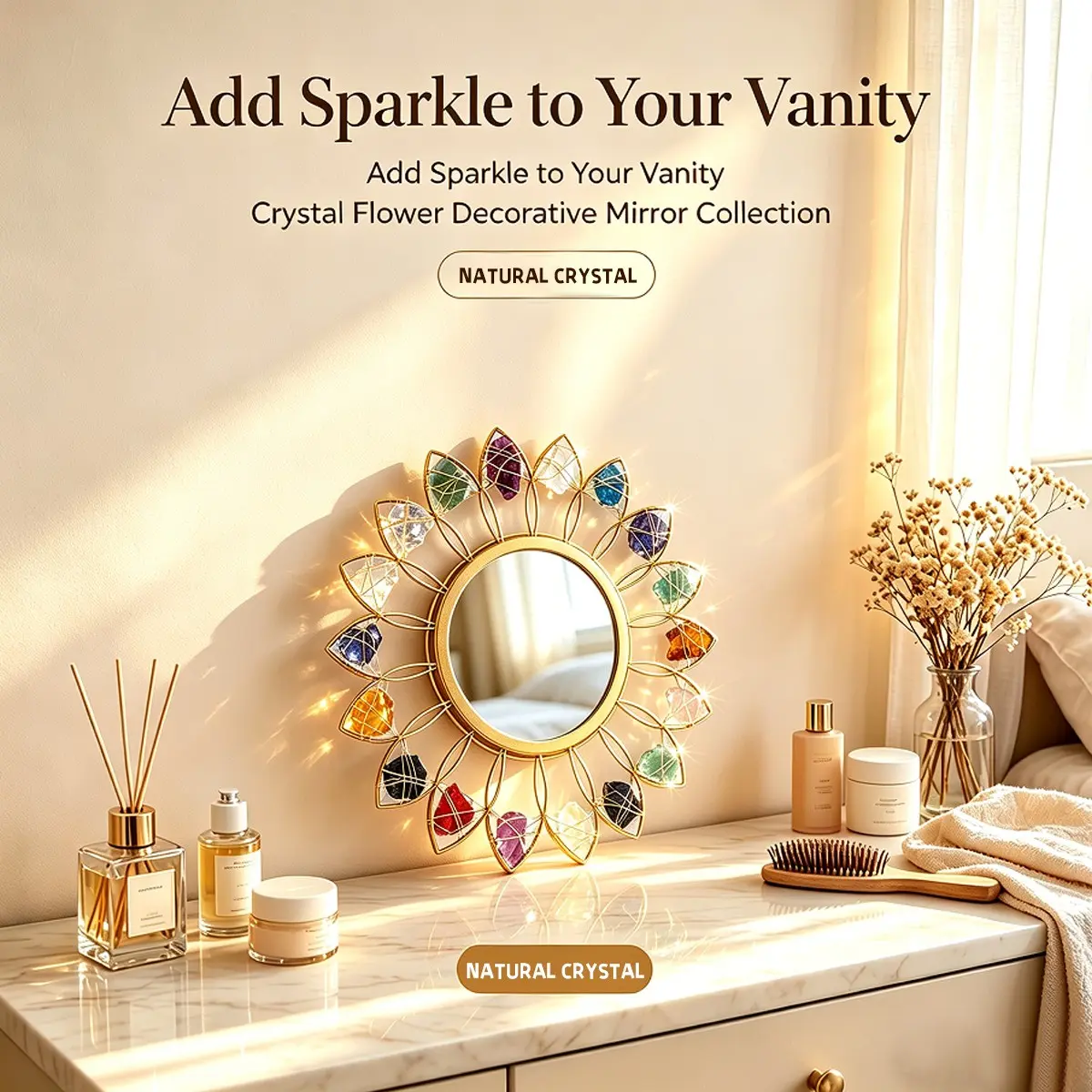 Circular Sunflower Mirror with Natural Quartz & Amethyst, Warm Desktop Ornament, Elegant Home Decor for Bedroom & Living Room