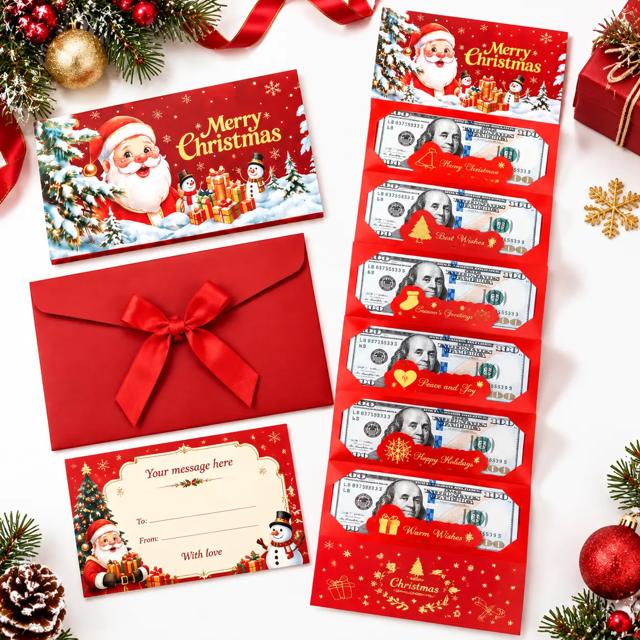 Christmas Folded Slot Paper Craft Cash Envelope Set - 4/2 Pcs Office Stationery Folding Cash Holder with 6 Slots, Gift & Holiday Card Holder with Message Area for Family