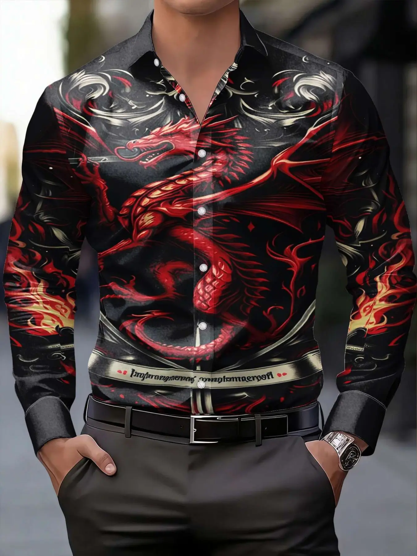 Dragon Print Long Sleeve Shirt, Men's Fashion Casual Top, Slim Fit, Street Style, Casual Streetwear Style, Spring & Fall, Loose-Fitting, Graphic Pattern