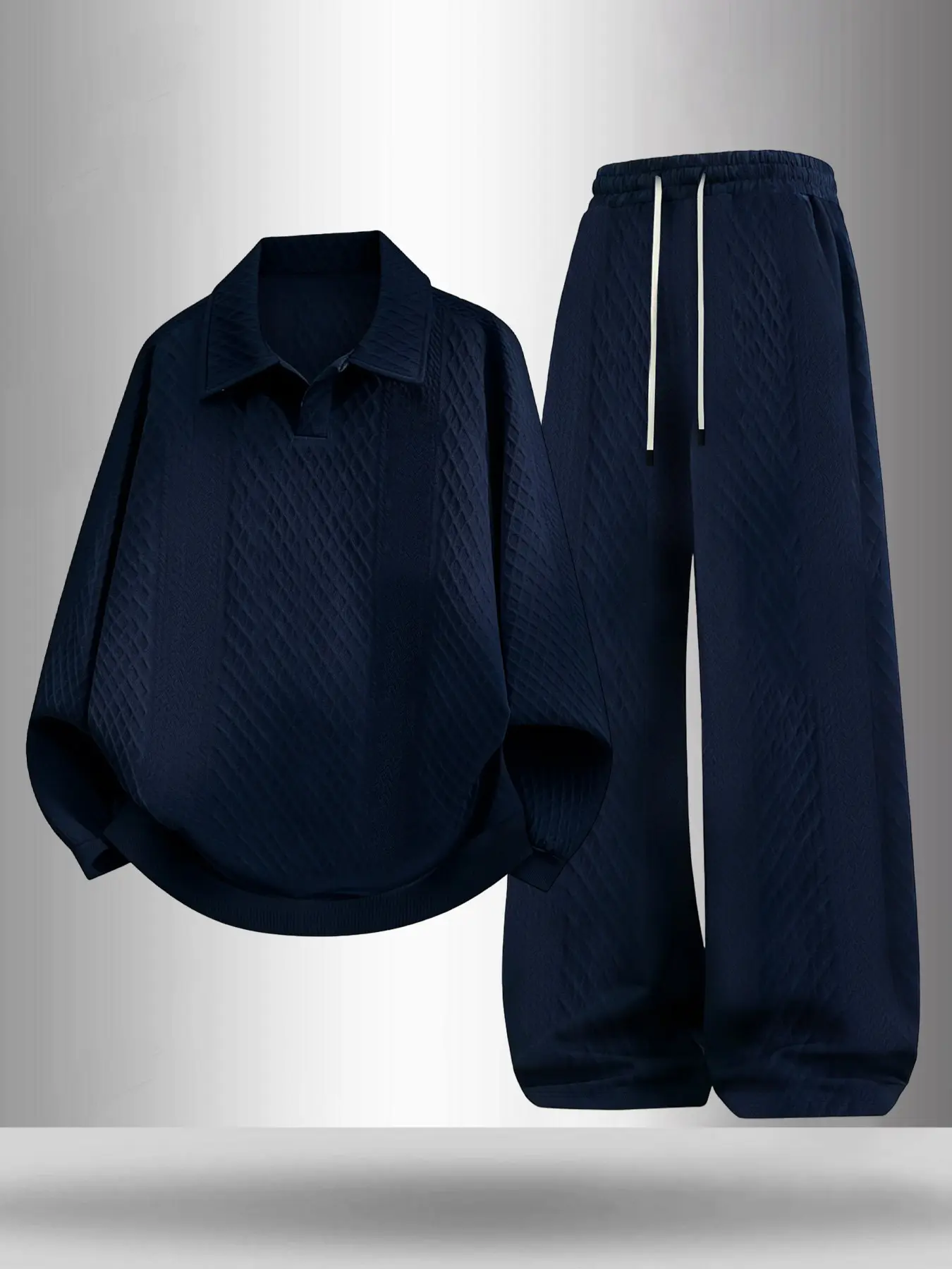 Men Diamond Jacquard 2 Piece Outfit Set, Lapel Polo Collar Long Sleeve Top, Elastic Waist Drawstring Wide Leg Trousers, Oversized Loose Daily Casual Sports Loungewear Tracksuit #JacquardTracksuit #PoloCoOrds #WideLegLoungewearSet