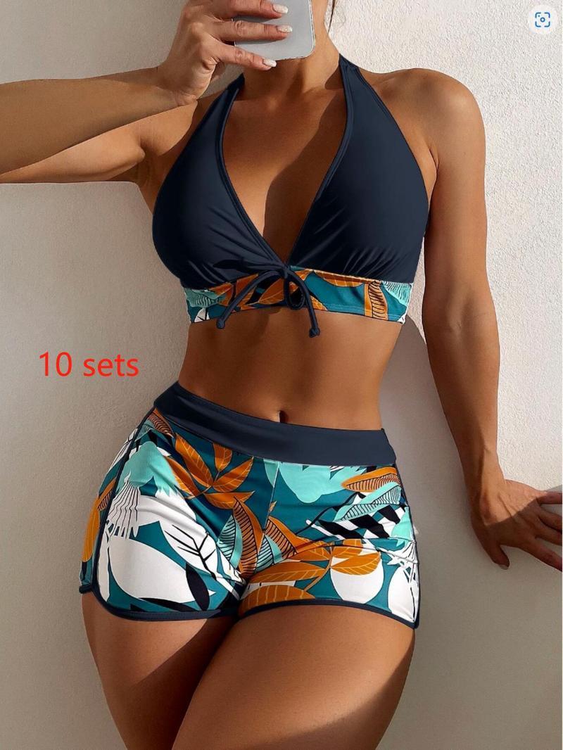 Two-Piece Set Women's Tropical Print Tie Front Halter Tankini Set, Casual Sleeveless Swim Top & Swim Shorts for Summer Beach Holiday Vacation, Summer Outfits 2024, Tankini Bathing Suits