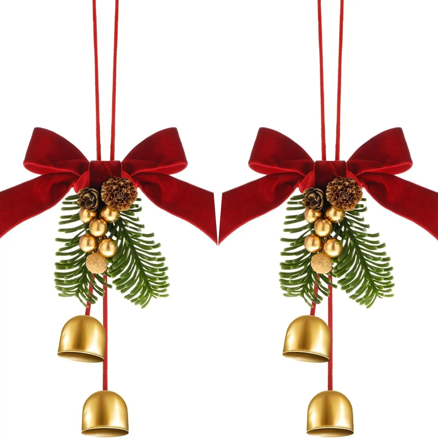 2 Piece Christmas Wreath Bow with Bell and Pinecone, Hanging Christmas Tree Decoration, Party Decor, Kitchen Cabinet Ornament, Bell