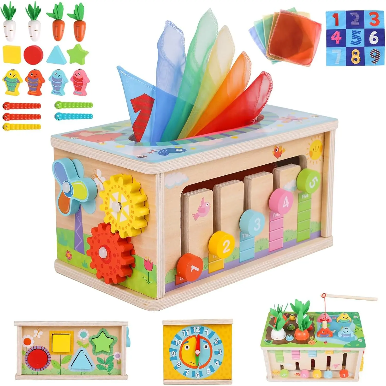 6-in-1 Montessori Tissue Box Toy for 6+ Months Baby, Wooden Activity Cube, Puzzles 12-18 Months, Perfect 1 Year Old Girl Boy Gifts, Sensory Toys for Toddlers 1-3, Baby 1st Birthday Giftfidget toys