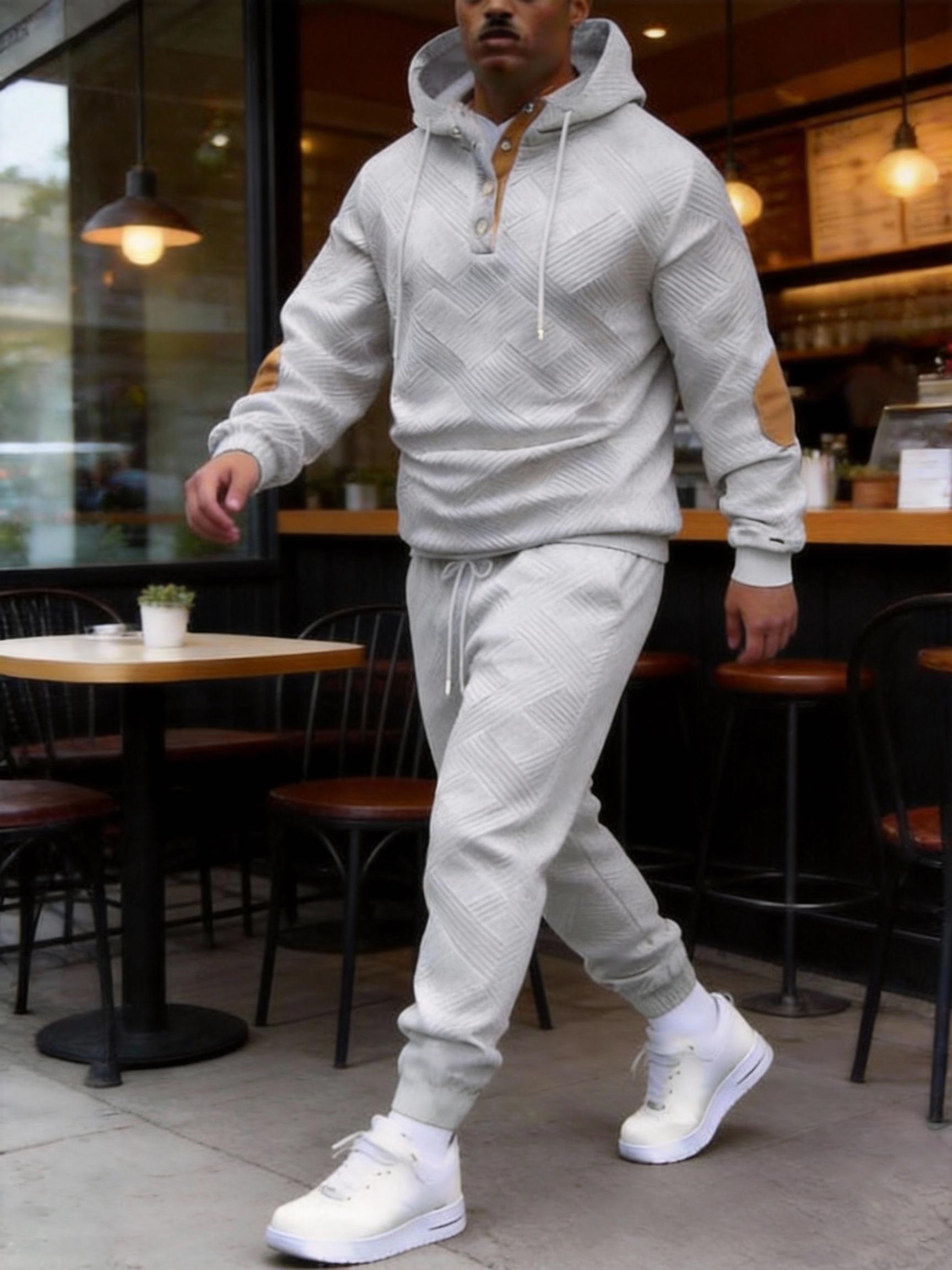 Men's 2-Piece Beige Tracksuit (Hoodie & Joggers) - Diamond Texture, Half-Button Placket (Brown Accent), Casual Stylish Outfit