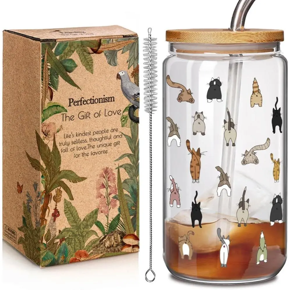 Cute  Themed Glass Cup  Mom Gifts for Women Crazy 's Lady, Small Cats Lover Birthday  for Daughter Sister Bestie  , Funny Glass Cups with  and Straw