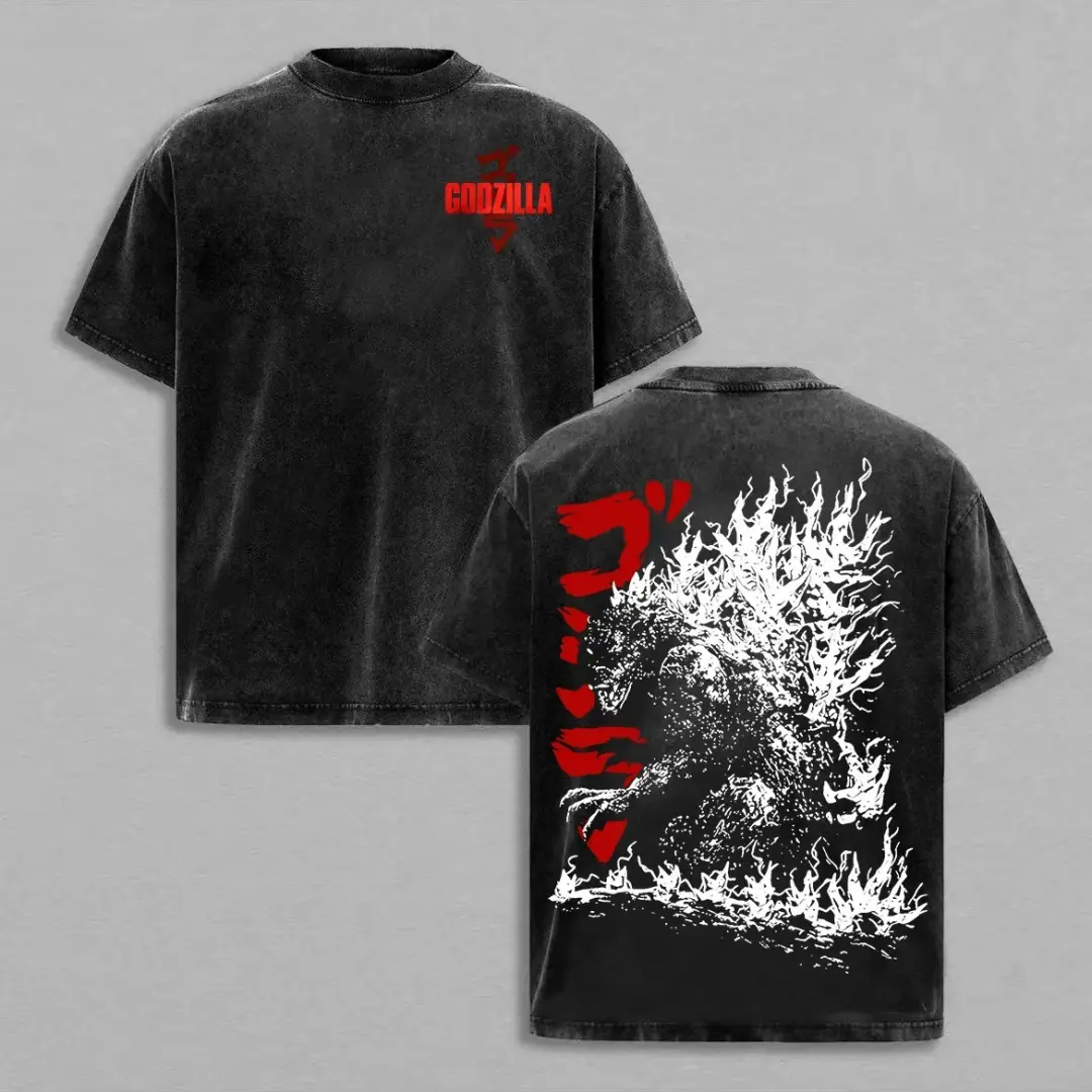 Men's Retro Godzilla Oversized Washed Round Neck Seamless Ribbed Heavyweight Cotton Short-Sleeve Top - Fashion Streetwear Pullover, Exceptional Quality Fabric, Soft, Chic, Classic Movie Fan Gift, Cold Wash Compatible, Oversize Tee, M