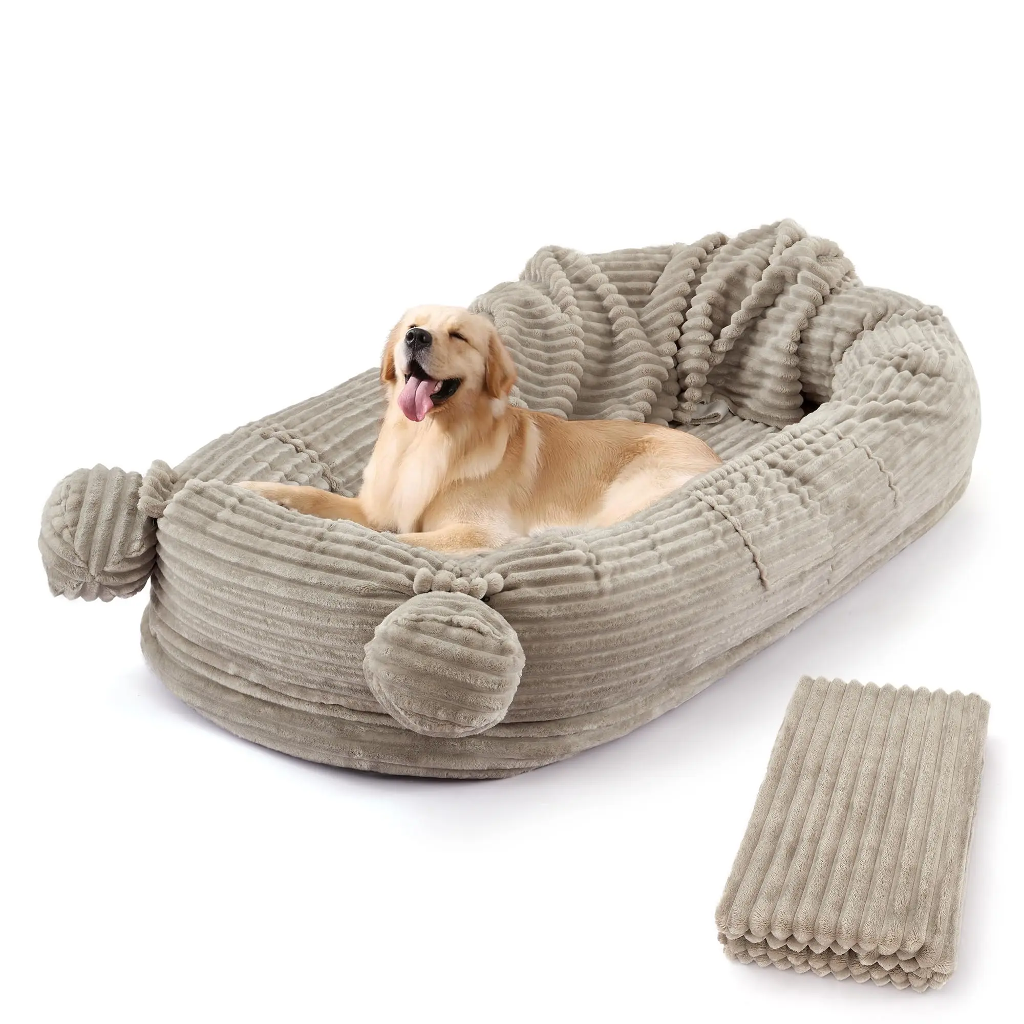 Garvee Dog Bed, 71x45x12 in Dog Beds Floor Sofa + Blanket, Supportive Foam for Dog Bed Medium Size Dog Lounging, Removable Faux Fur Cat Bed Cover for Small Dog Bed Spaces, Corduroy