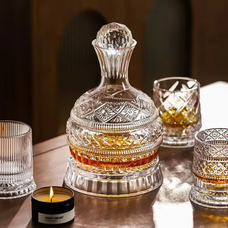 Luxury Embossed Crystal Wine Decanter, Rotating Base Whiskey Bottle, Bar Home Decor Gift, Premium Rotatable Glass Decanter, Vintage Diamond Cut