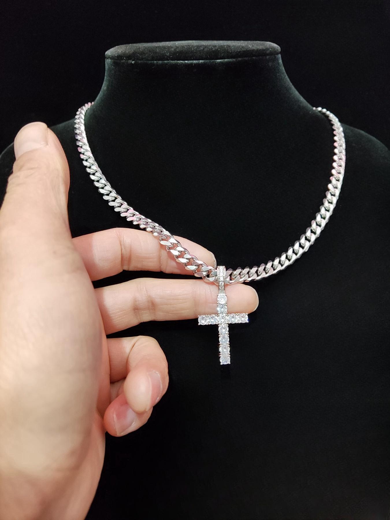 Unisex Easter Street Cross Pendant Necklace, Rhinestone Decor Cuban Chain Necklace, Cuban Link Necklace for Party & Daily Clothing Decor for Men & Women, Exquisite Jewelry for Birthday