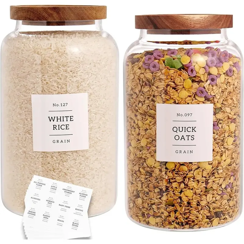 Set of 2 Large Glass Jar with Airtight Acacia Lid and 132 Kitchen Pantry Labels, Clear Glass  Storage Jars Containers for Rice Flour Pasta Sugar Coffee Cookie and More(98 Fl Oz/2800 Ml)