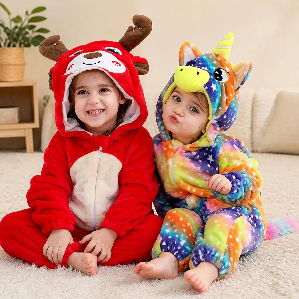 Kids Flannel Animal Onesie Pajamas Toddler Hooded Plush Bodysuit Costume Reindeer White Rainbow Unicorn Full Zip One Piece Sleepwear Halloween Christmas Cosplay Party Outfitfor Boys Girls
