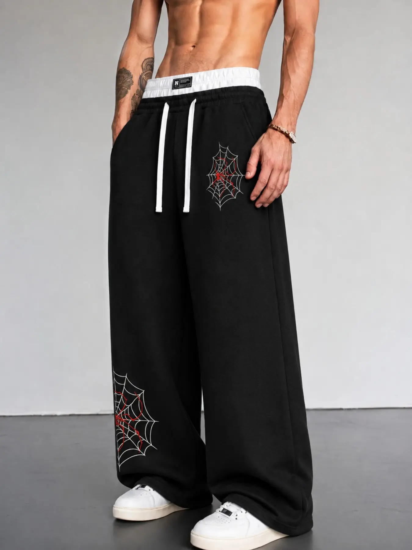 Dark Gothic Spider Web Graphic Wide Leg Sweatpants, Bilateral Contrast Cobweb Totem Print Elastic Drawstring High Waist Baggy Floor Length Trousers, Emo Punk Hip Hop Street Skate Bottoms Unisex Relaxed Fit Jogger Pants Viral Trending On TikTok Casual Drap