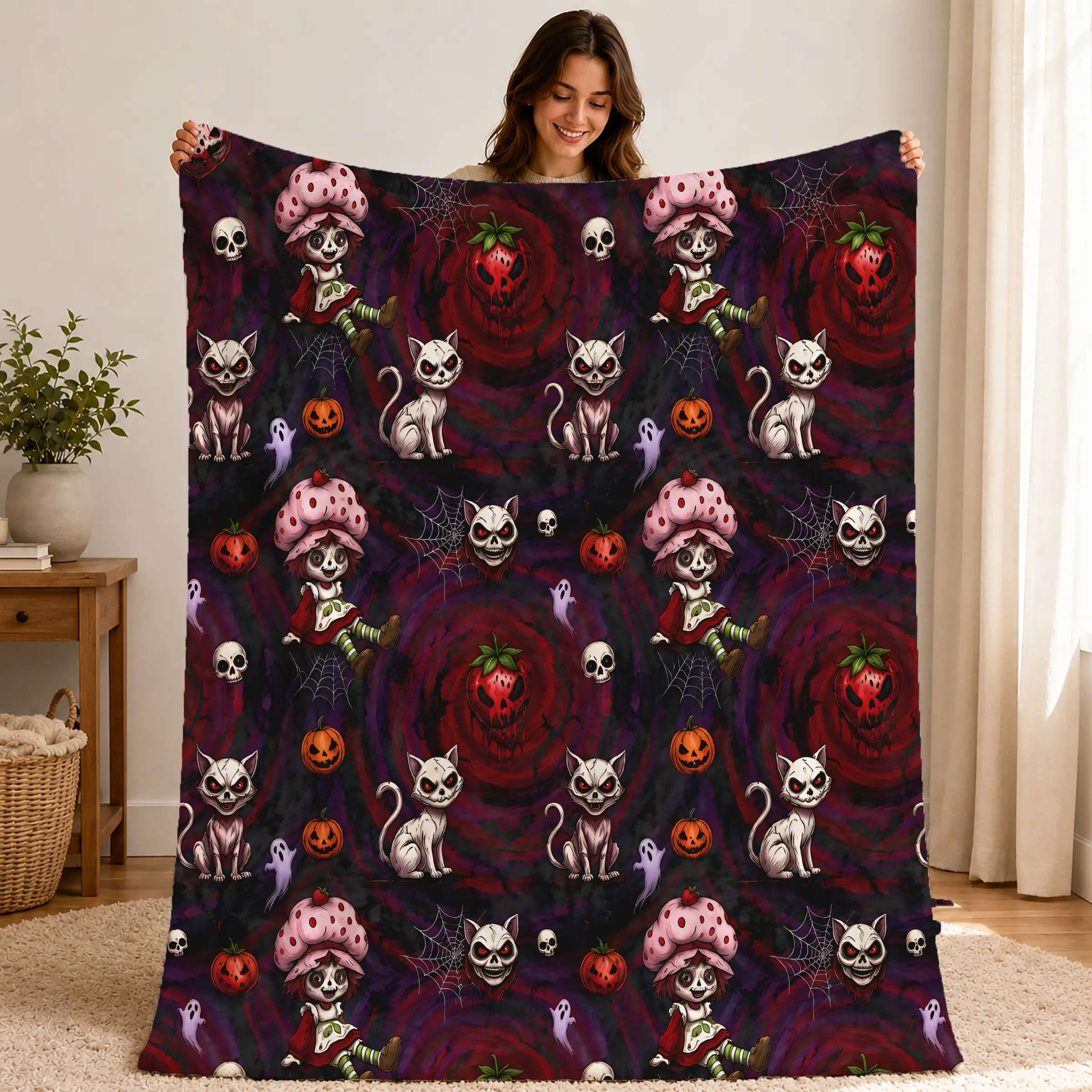 Dark Strawberry Doll Halloween Limited Flannel Blanket, Gothic Hand-Drawn Patterns, Soft Flannel, Perfect for Sofa, Office, Halloween Decor