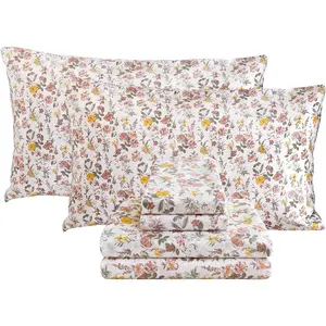 Floral King Sheet Set - 4 Piece Vintage Pink & Yellow Flower Patterned Bed Sheets - Soft, Breathable Microfiber Sheets with Deep Pocket, Non-Slip Fitted Sheets & Pillowcases