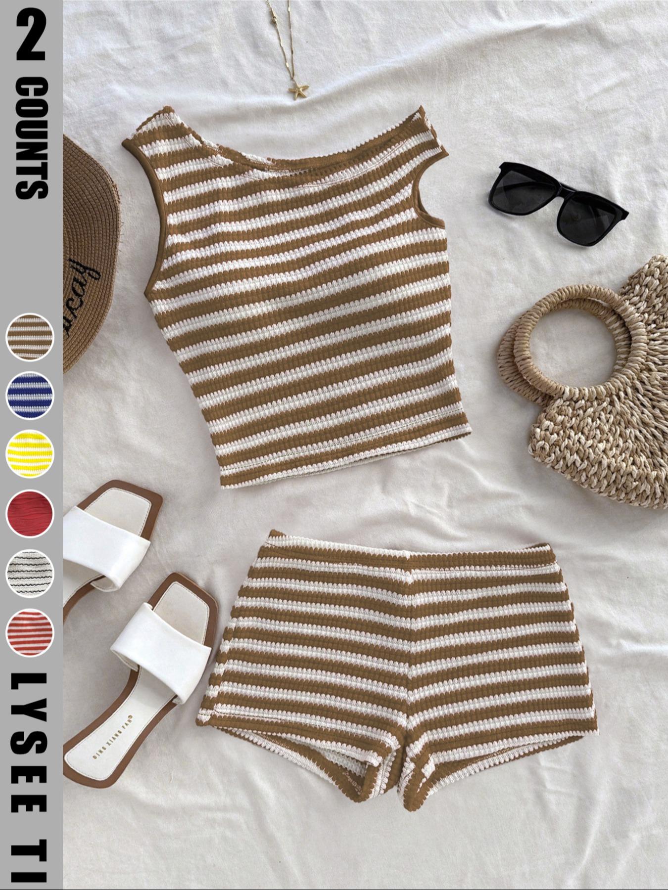 Women's Striped Pattern Asymmetrical Top & Shorts Set without Accessories, Casual Sleeveless Top & Shorts, Ladies Summer Outfit