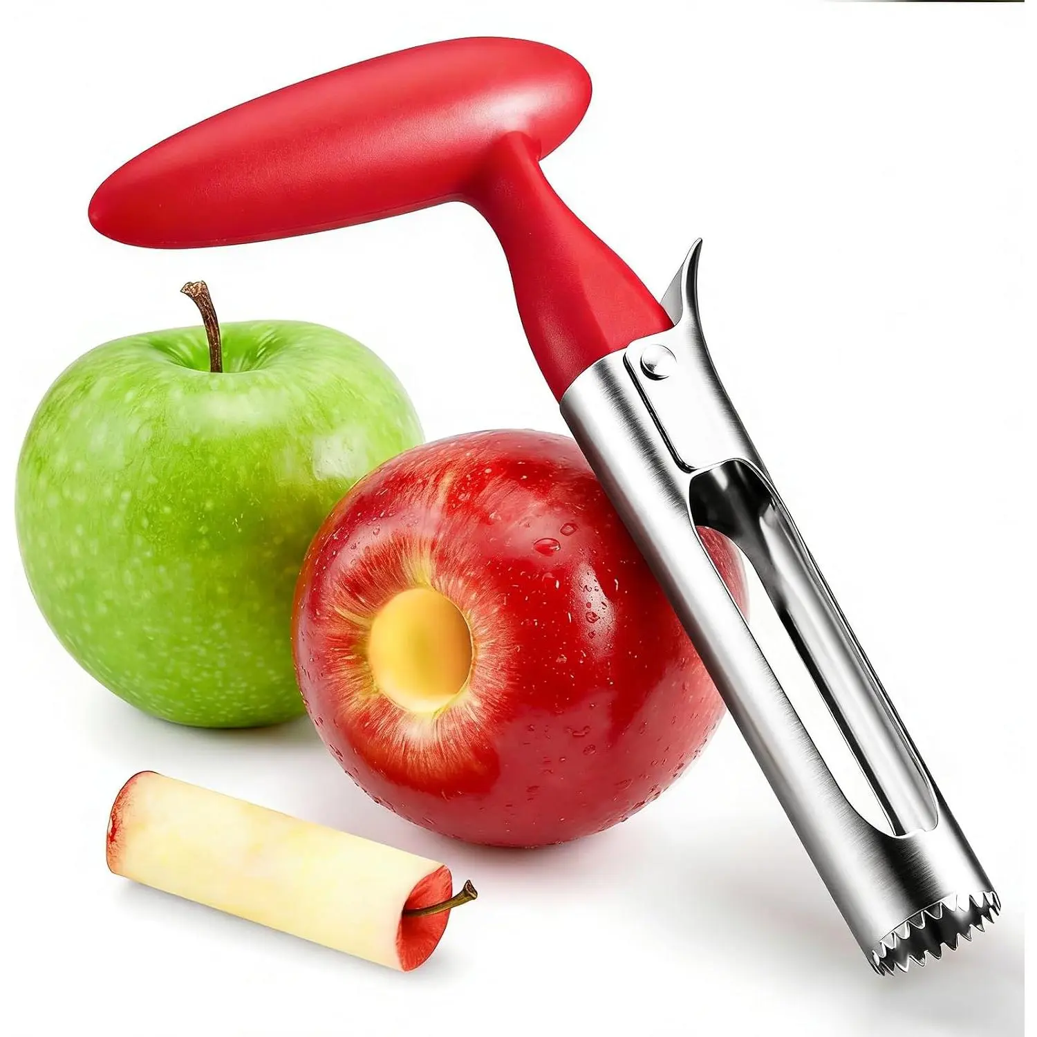 Corer Tool, Stainless Steel  Core Remover with Safety Lid, Red |  Serrated ,  Non-Slip Handle, Easy-to-Clean Fruit Corer and tomato corer for Apples, Pears,  Peppers
