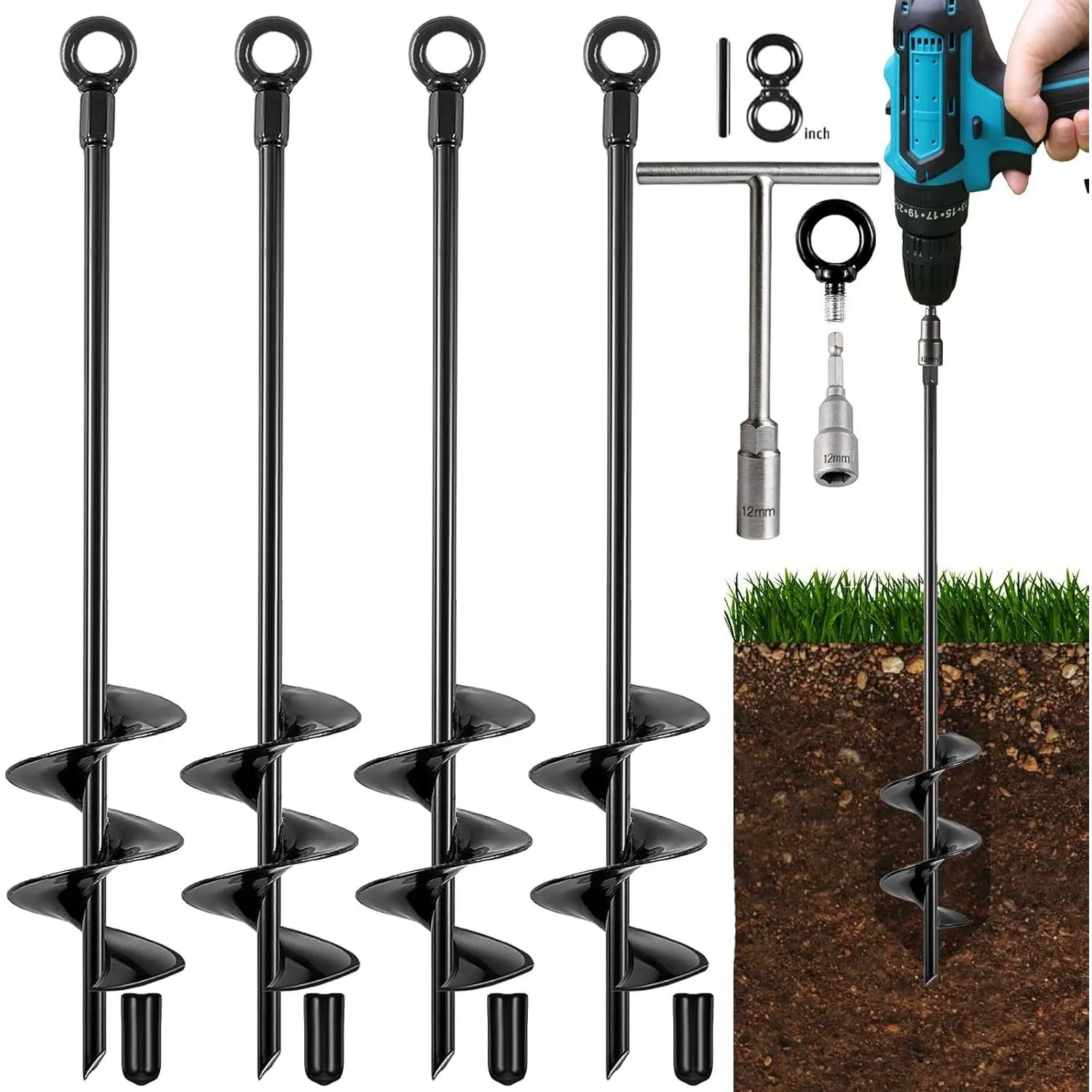 Heavy Duty 18 Inch 4 Pack Screw In Ground Anchors, Swing Set Anchor Kit High Wind Metal Auger Earth Anchors Trampoline Stakes for Shed Tent Carports Securing Animals Camping Mobile Home