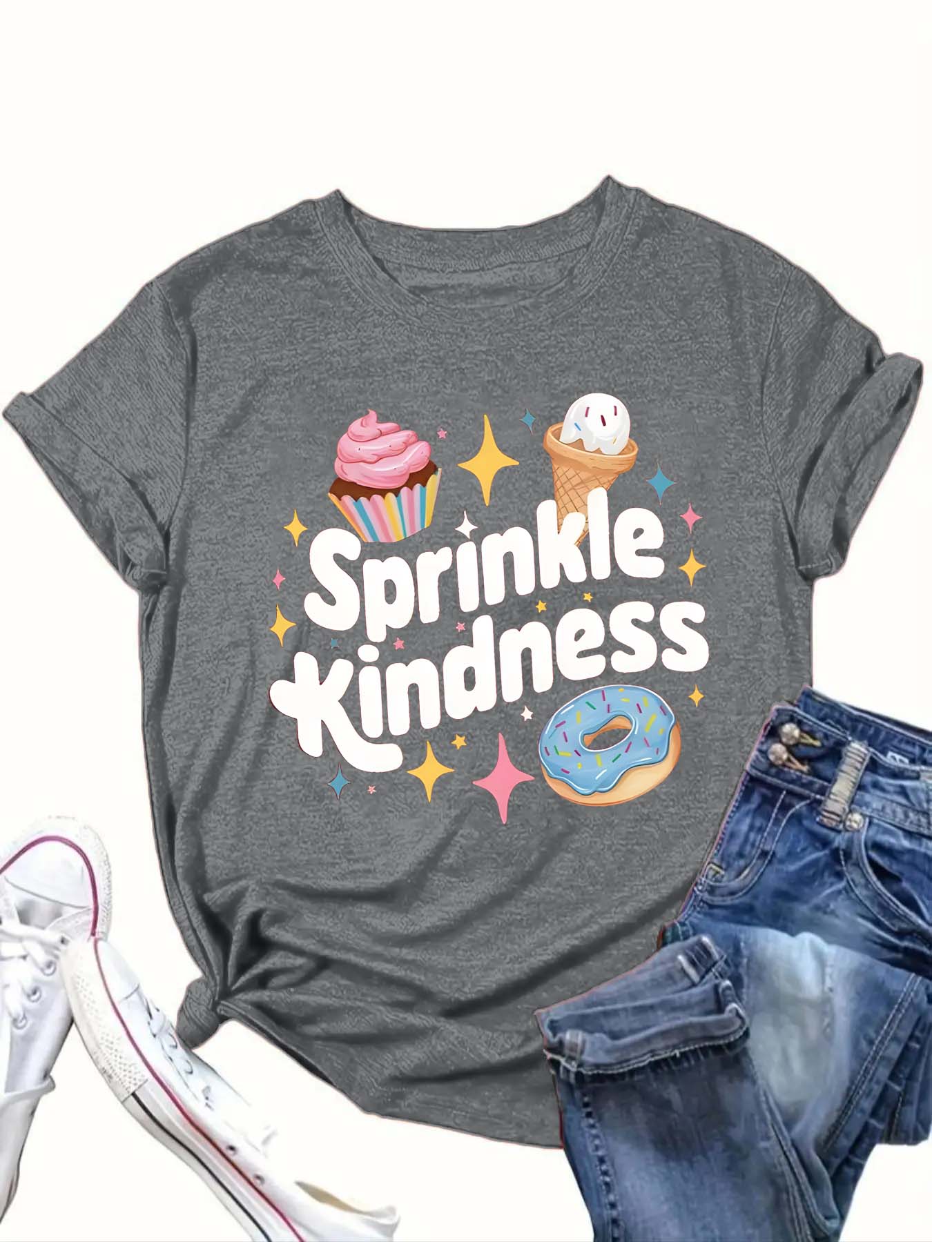 【Plus Size】 Cartoon Ice Cream & Letter Print Round Neck Tee, Casual Short Sleeve Crew Neck T-Shirt for Summer, Women's Clothing for Daily Wear