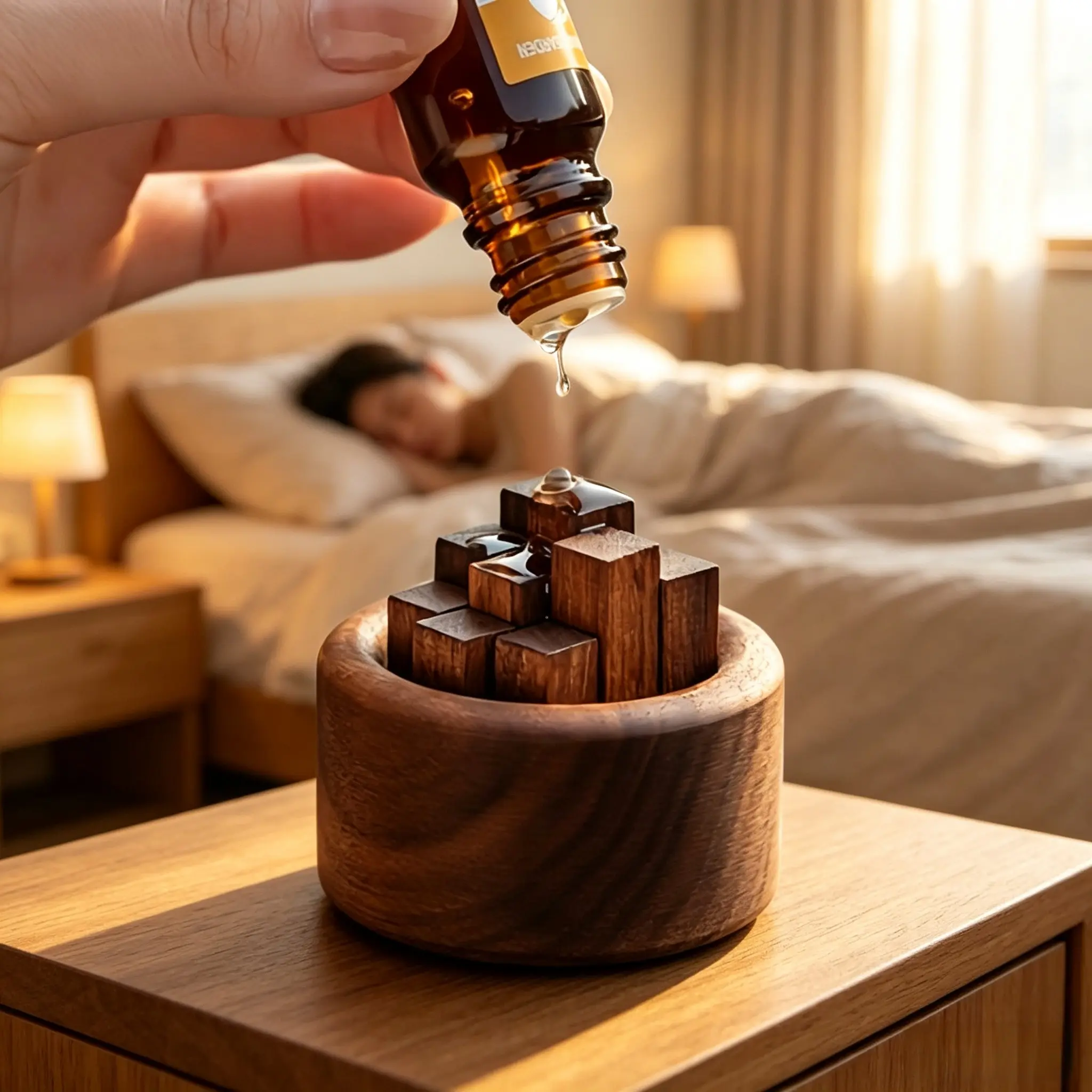 1 Set Natural Walnut Wood Passive Essential Oil Diffuser Stackable Absorbent Wood Cubes Water-Free Slow Scent Release For Car Bedroom Office Study Relax Sleep Decor