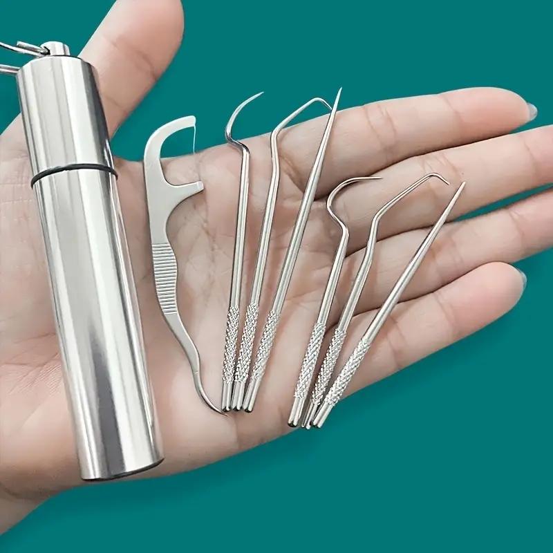 Stainless Steel Toothpick Pocket Set, 7 Counts Portable Dental Floss Pick, Teeth Cleaning Kit Keychain Design, Metal Toothpicks Oral Care Hygiene Products, Oral Care Tool