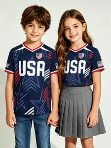 Kids' Sports T-shirt "USA American Flag & Star Print" V-Neck Short Sleeve, Unisex for Boys & Girls, Soft, Sweat-Absorbent & Non-deformable, Ideal for PE, Soccer, Outdoor & Parties, Machine Washable, Summer Casual Gift for Kids