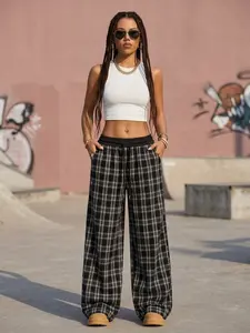 Plaid Wide Leg Pants, American Vintage Street Style, High Waist Drawstring, Loose Fit, Tall Look, Casual Daily Wear, Streetwear