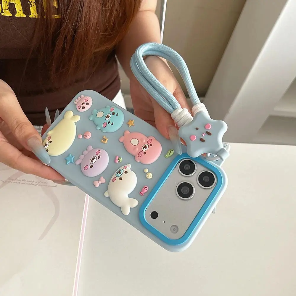 Cute and silly cartoon little seal silicone phone case with wrist strap, compatible With iPhone 17 16 Pro Max Plus, adorable shockproof protective case