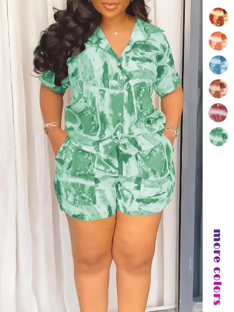 Two-piece Set Women's All Over Print Short Sleeve Shirt & Shorts, Casual Button Up Top & Shorts for Daily Wear, Ladies Summer Clothes, Fashion Clothes Set