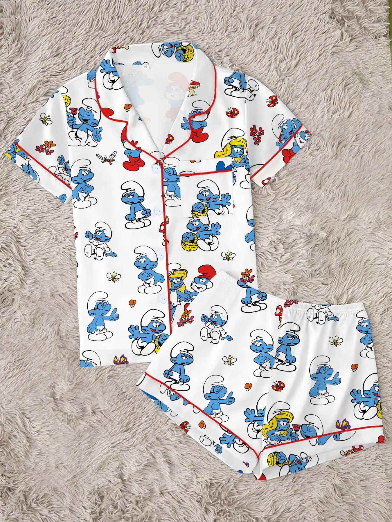 Trendy 80s Nostalgic Cartoon Pajama Set | Cute Blue Elf Graphic Print Sleepwear | Soft Short Sleeve Button Down Lounge Outfit with Red Piping | Kidcore Summer PJs