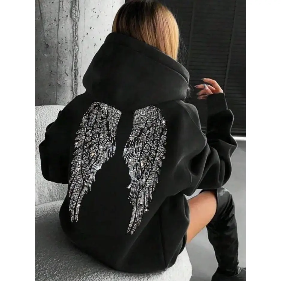 Women's 2026 Glitter Angel Wings Polyester Hoodie Tops - Lightweight, Solid, Loose Fit, Harajuku Street Style, Long-Sleeve White Tunic Pullover, Chic Casual Everyday Sweatshirt (XXL)