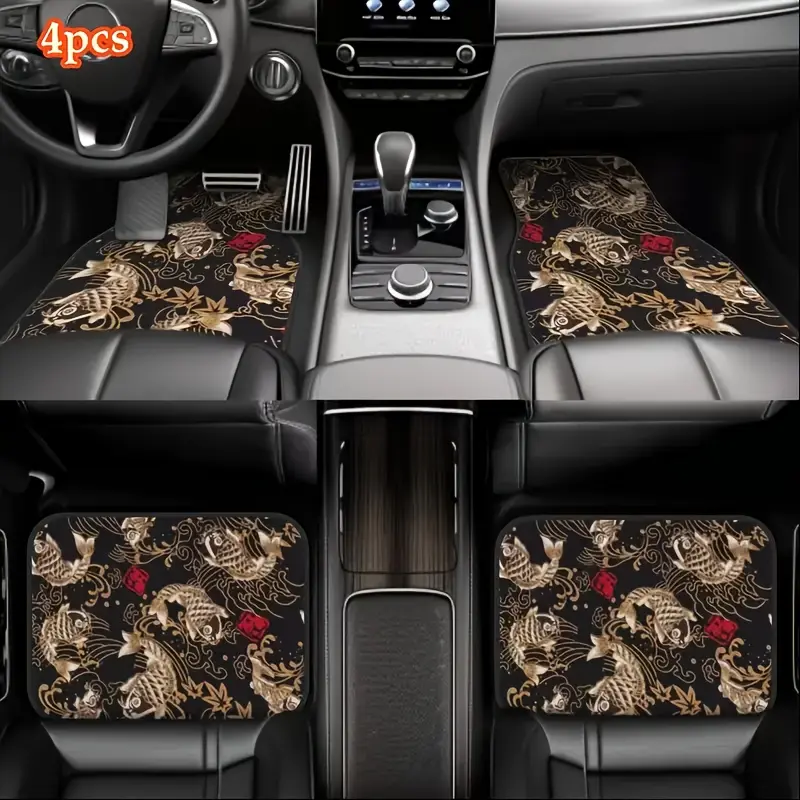 4‑Piece Universal Car Floor Mats, Golden Koi Fish Oriental Traditional Pattern Auto Floor Carpets, Waterproof Anti‑Slip All‑Weather Car Foot Pads for Most Sedan SUV Truck, Black Gold Car Interior Decor Accessories