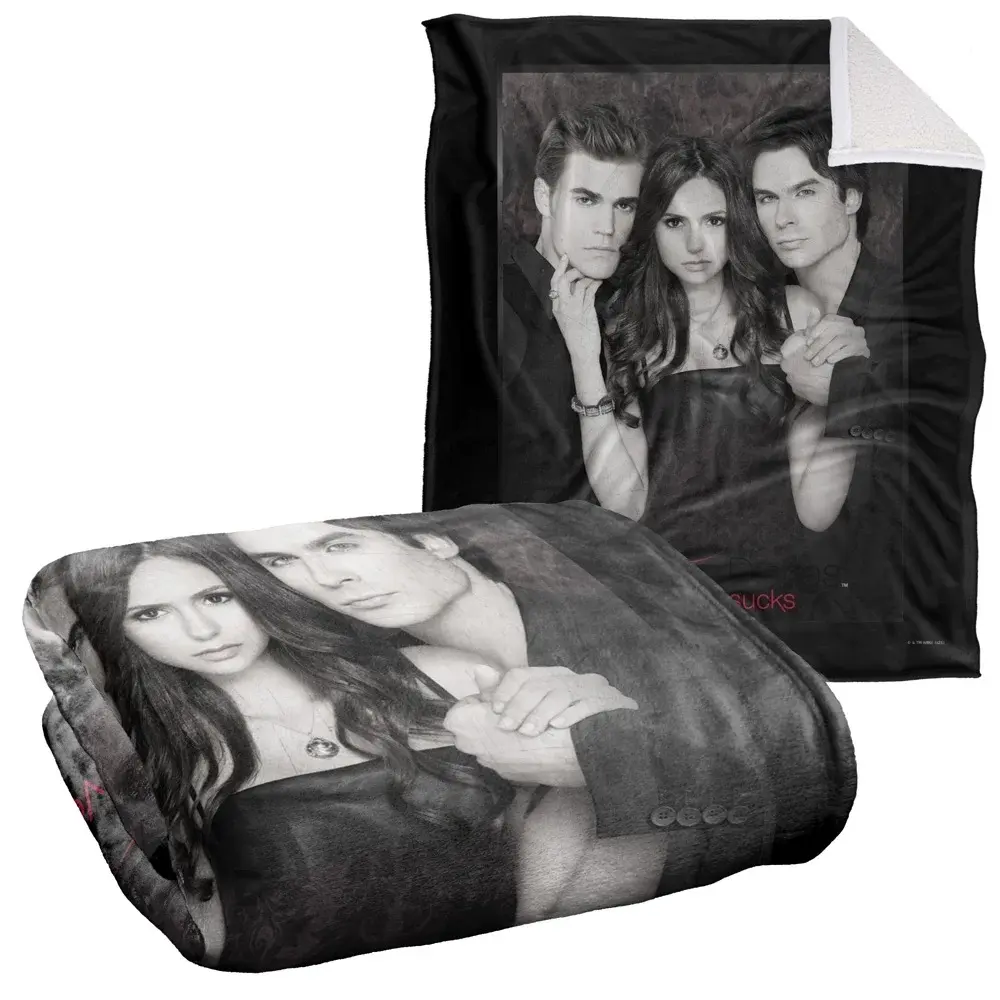 The Vampire Diaries Stefan Elena Damon Trio Sherpa Lined Flannel Throw Blanket, Monochrome Gothic Romance Fleece Blanket, Warm Fandom Gift For TV Drama Lovers