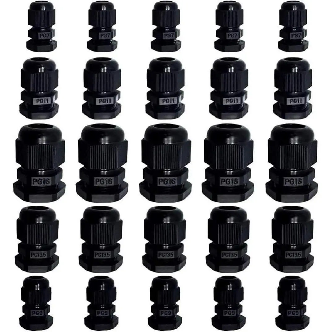 Cable Glands 25 Pack Plastic Waterproof 3.5-13mm Nylon Cable Glands Joints Wire Protectors, PG 7/9/11/13.5/16, for Home/Garden/Outdoor Lighting Cable Black