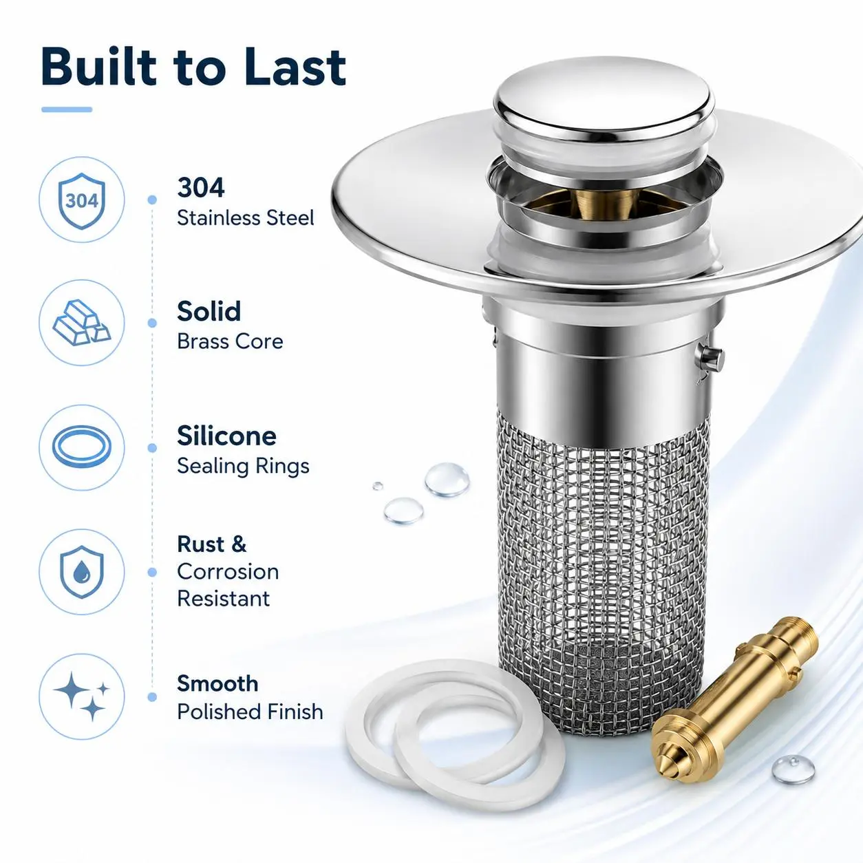Stainless Steel Pop-Up Sink Stopper - Bath Tub Drain Stoppers with Brass Core, Anti-Odor Modern Bathroom Accessory, Universal Fit Sink Strainer for Camp Kitchen Use