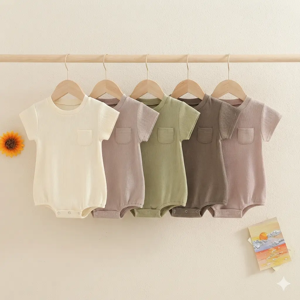 Baby Unisex Romper, Summer Solid Color Short Sleeve Round Neck Chest Pocket Baby Short Jumpsuit