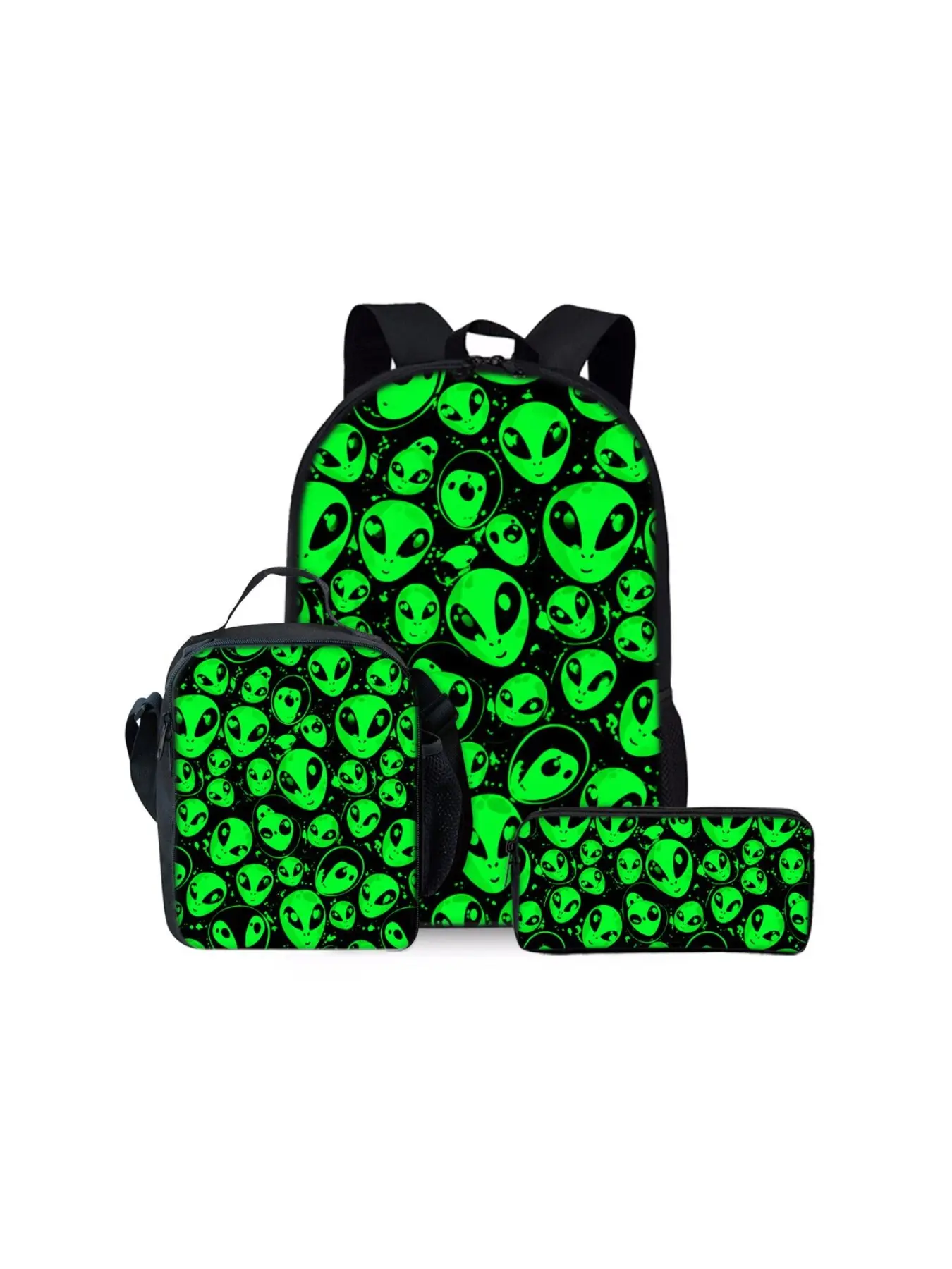 3-piece Backpack Set with Alien 2D Printed Pattern, Large-Capacity Lightweight Bag Kit, Suitable for Outdoor Trips and Daily School Use. The set includes a backpack, a lunch bag and a pencil case, making it an ideal holiday gift for kids and friends.